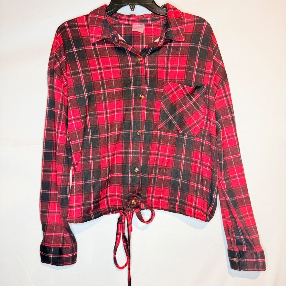 No Boundaries Womens Red Black Plaid Cropped Tie Front Button Down Shirt Large